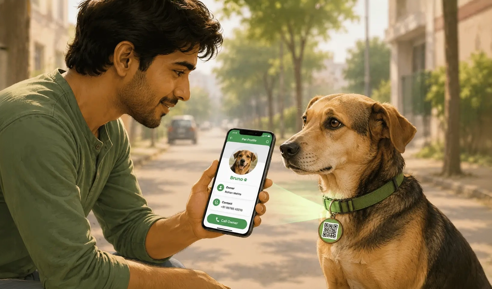 A dog wearing a ProfileTap QR pet tag off-leash in a park