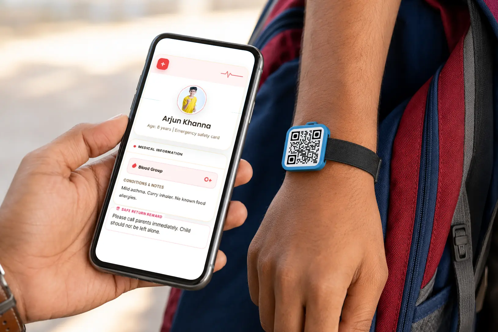A responder scanning a family safety QR tag to reach the emergency contact.
