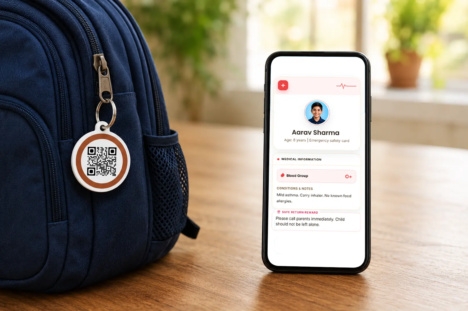 Attaching a ProfileTap QR tag to a child's school bag.