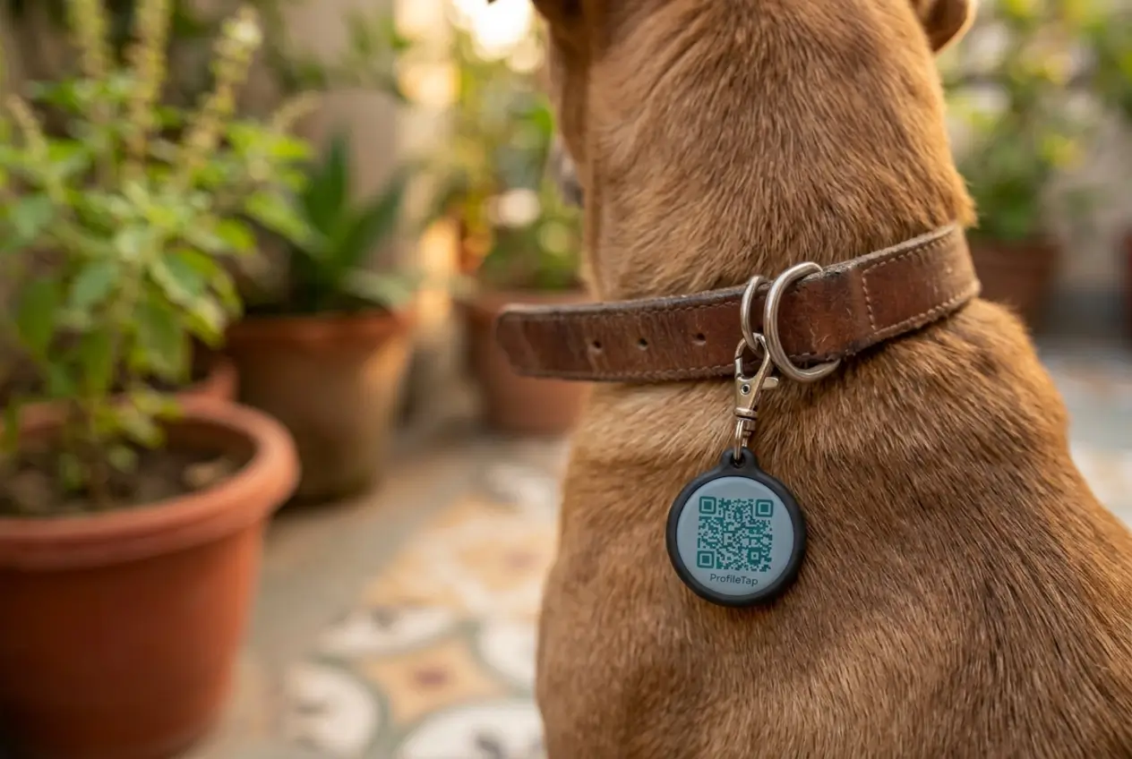 Clipping a waterproof ProfileTap QR tag onto a pet's collar.