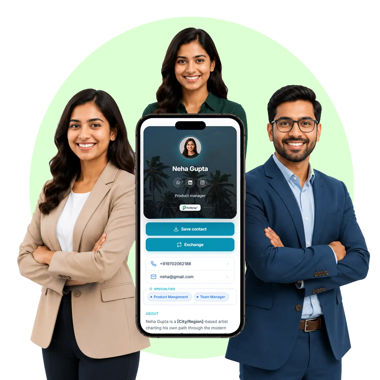 A ProfileTap digital business card for professionals shown on a phone screen