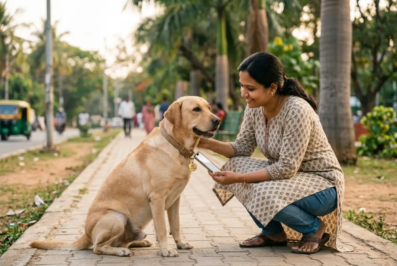 A finder scanning a pet's collar tag and reaching the owner in one tap.