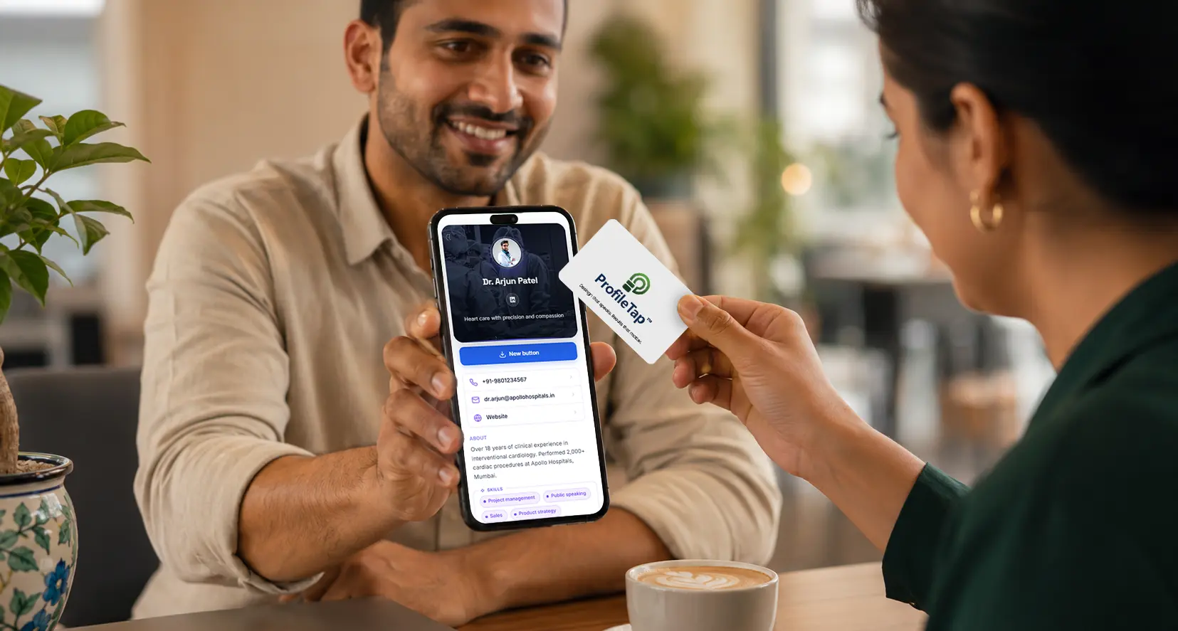 A ProfileTap digital business card for professionals shared instantly by tapping a phone