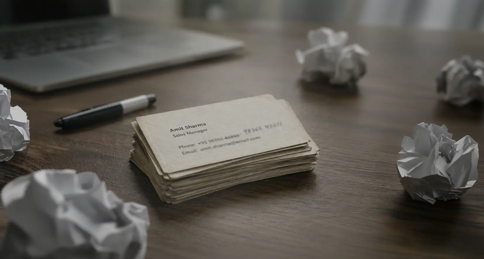 A worn stack of paper business cards with an outdated, crossed-out phone number