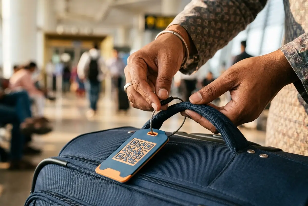 A waterproof ProfileTap QR luggage tag being looped onto a suitcase handle.
