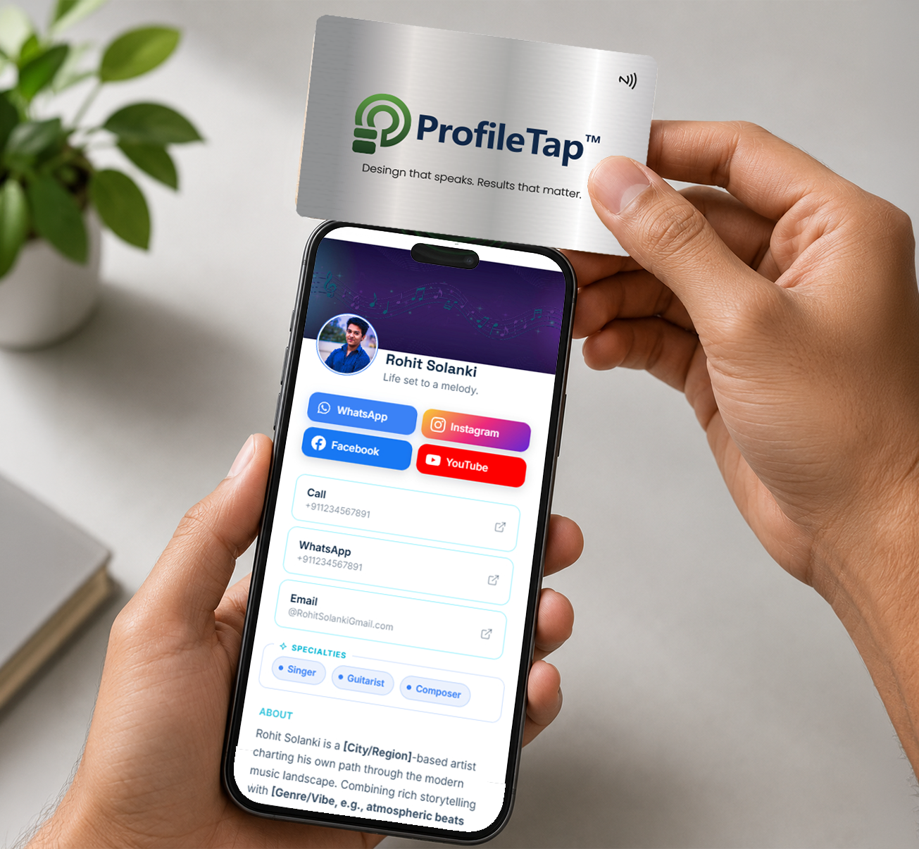 An Indian professional sharing a ProfileTap NFC profile from a phone — a Popl alternative built for India.
