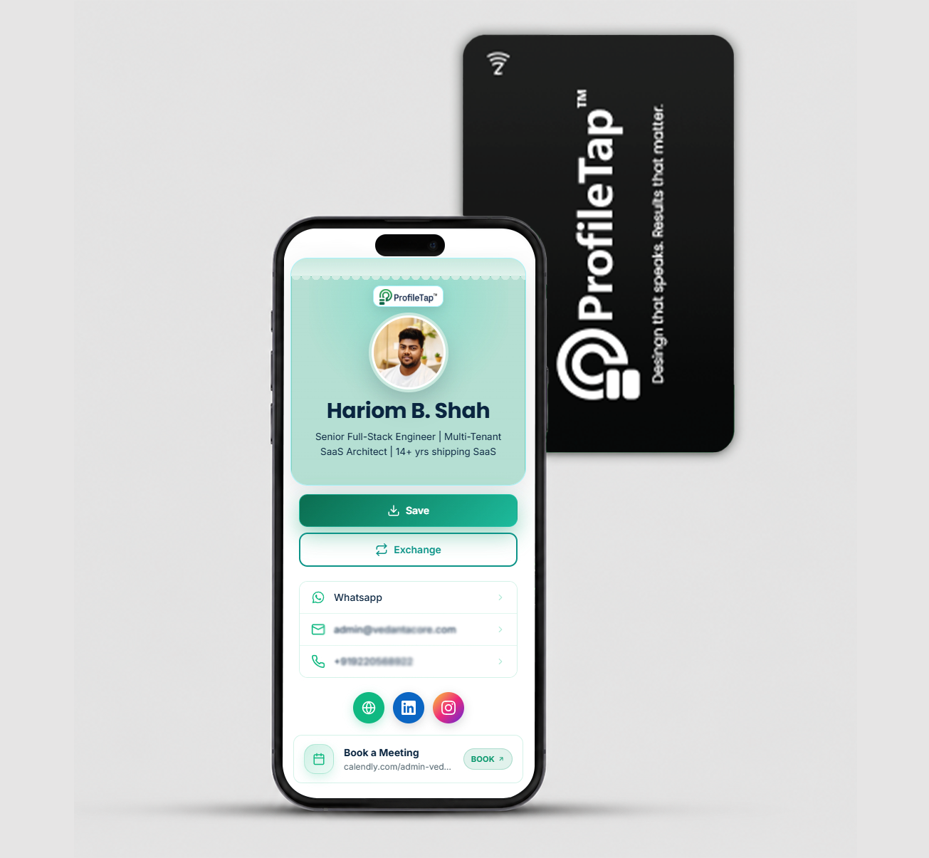 ProfileTap PVC NFC business card being tapped on a phone