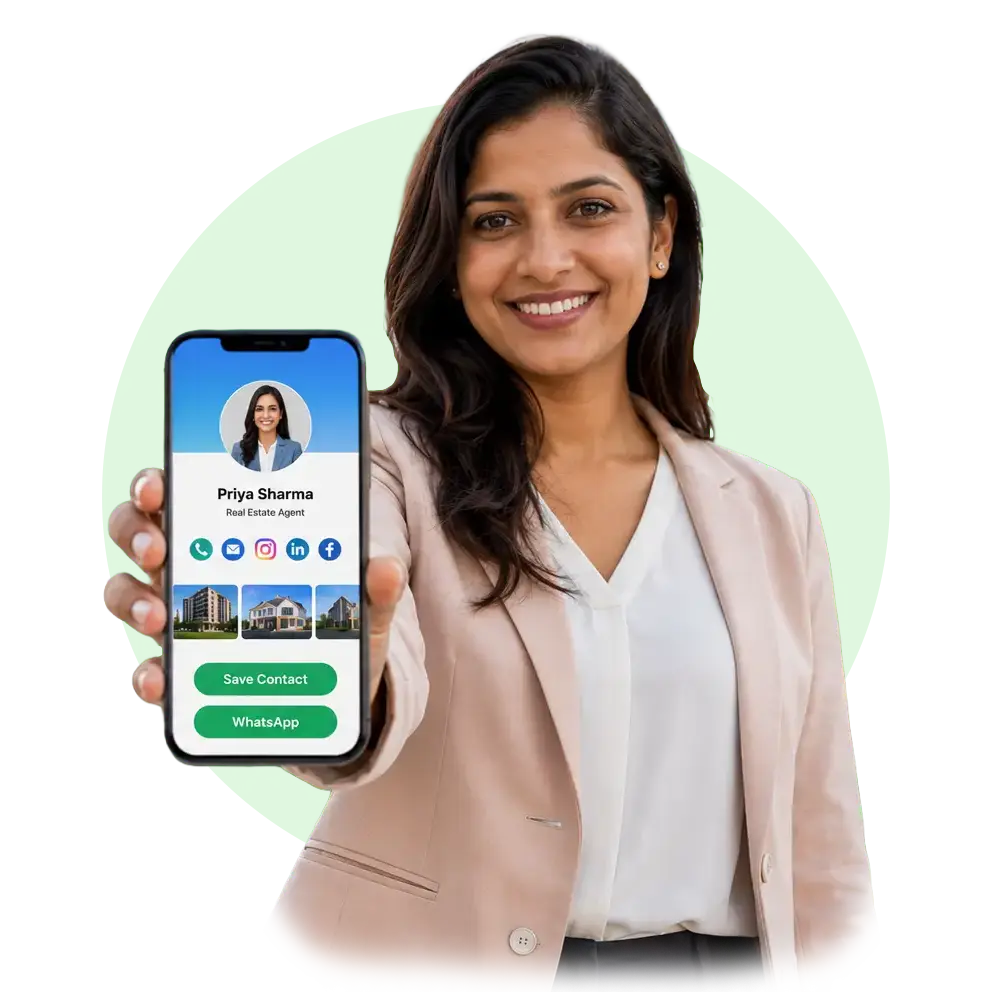 A real estate agent sharing their ProfileTap digital visiting card and listings with a buyer in India.