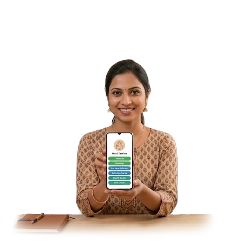 An Indian boutique owner sharing her ProfileTap boutique owner visiting card by tapping a customer's phone at the counter.