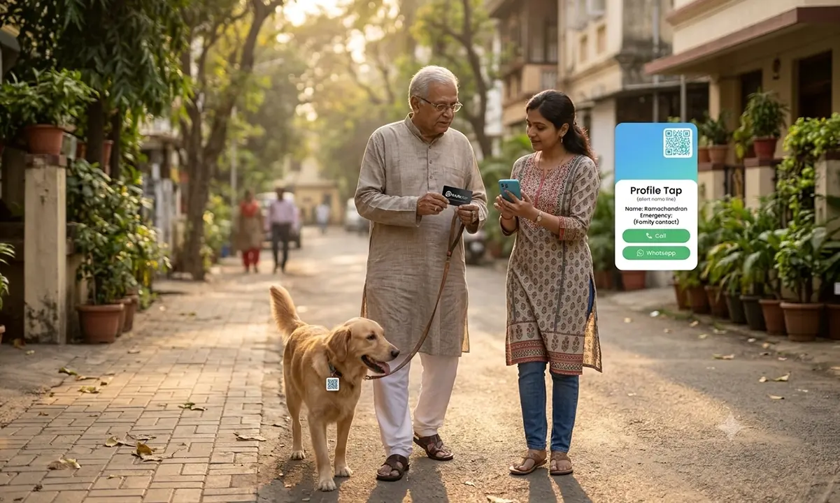 A dog’s collar with a ProfileTap pet QR tag on an evening walk