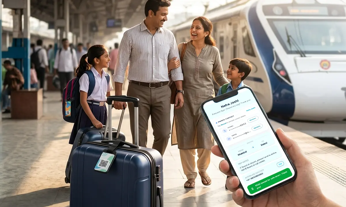 A suitcase with a ProfileTap smart luggage tag at an airport