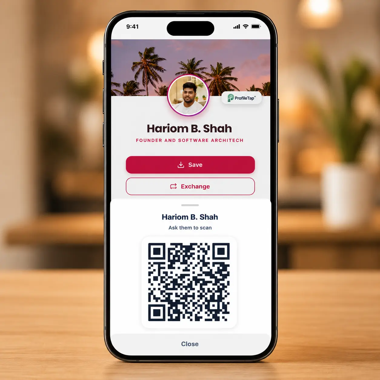 A ProfileTap digital QR business card being scanned from a phone screen