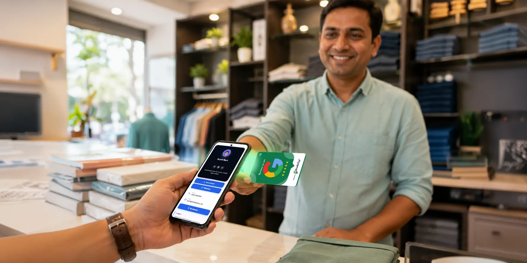 A customer tapping a white PVC ProfileTap review card to open a Google review page