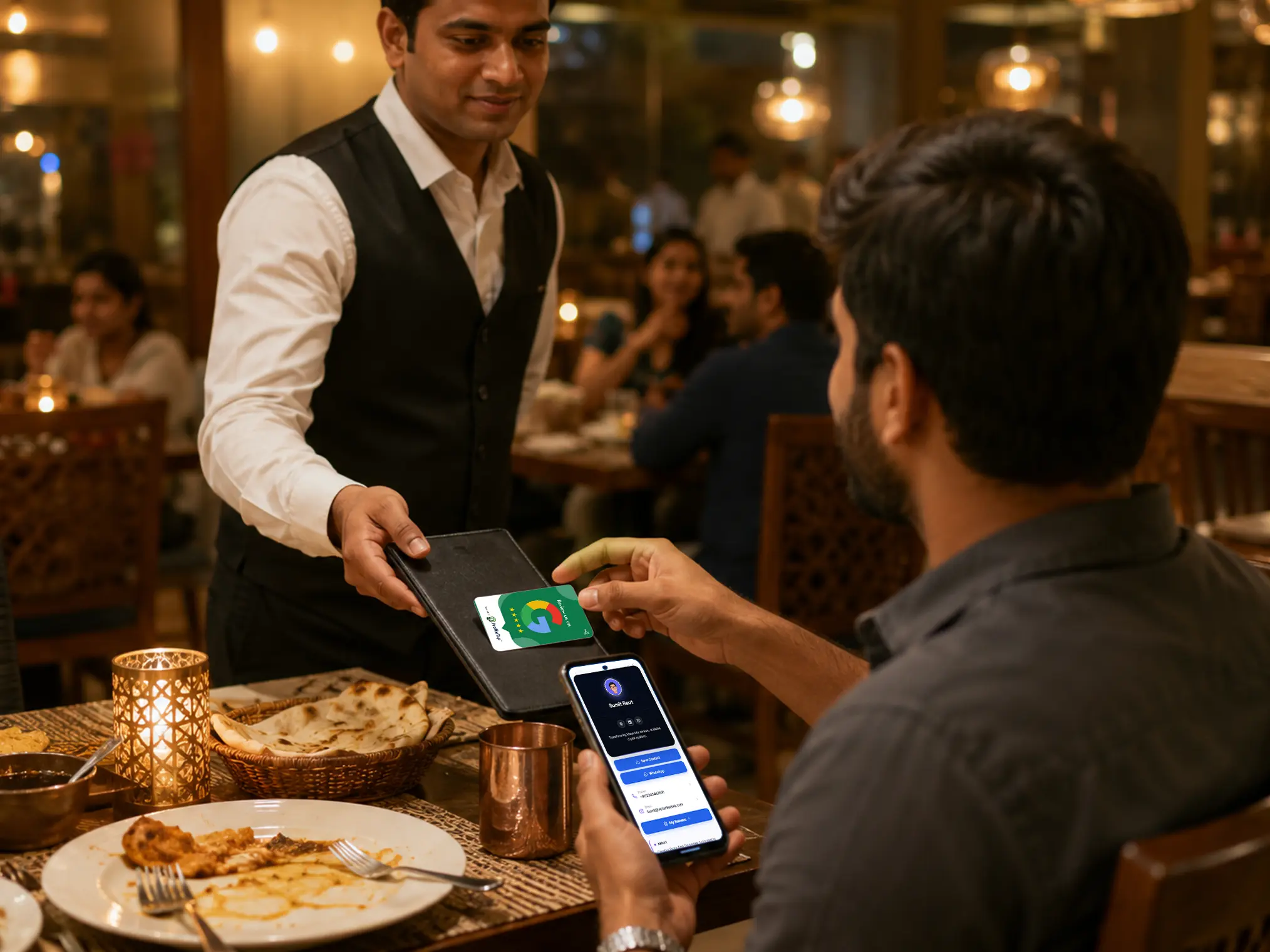 White PVC review card handed with a restaurant bill (placeholder)