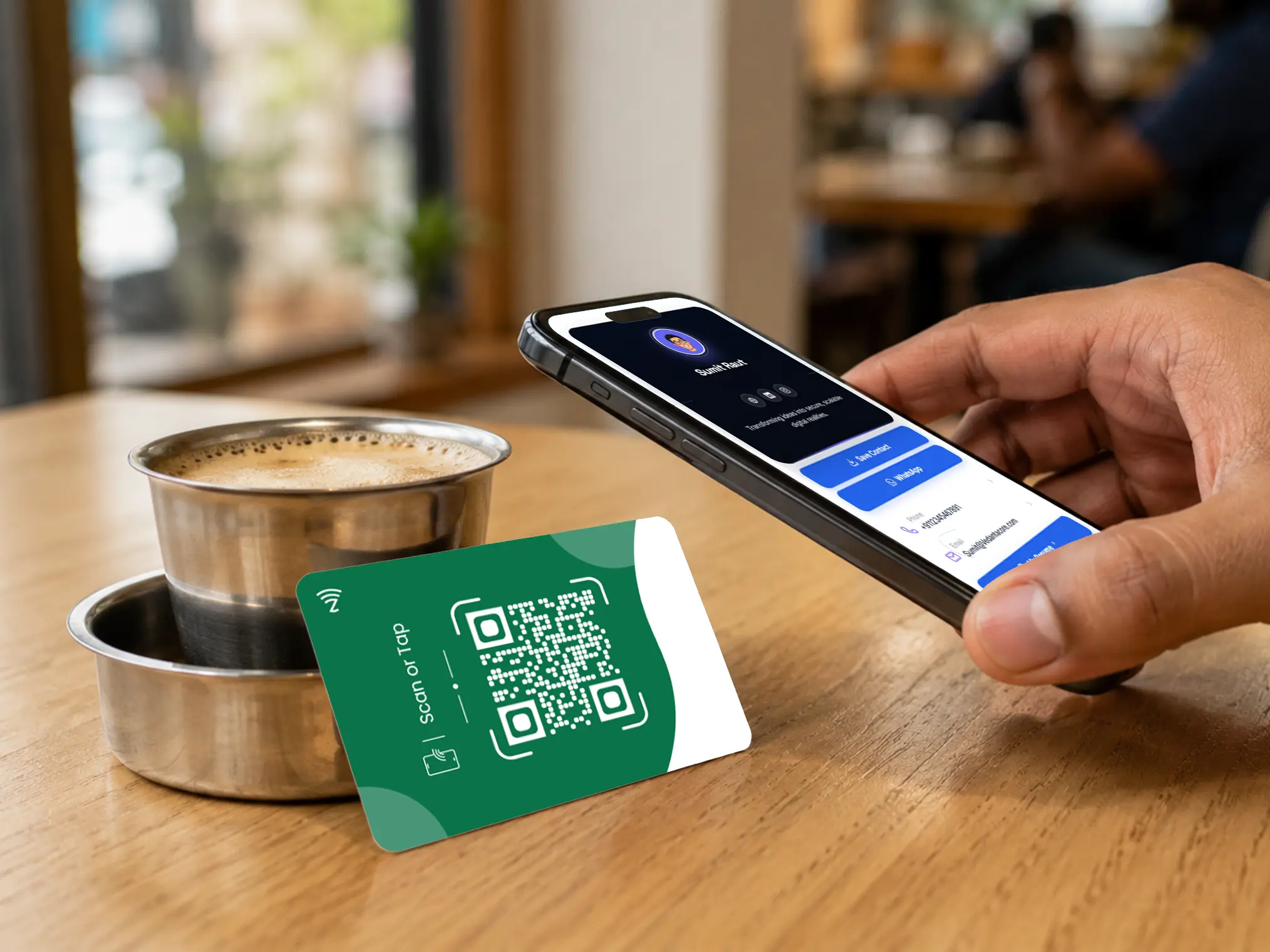 White PVC review card on a café table (placeholder)