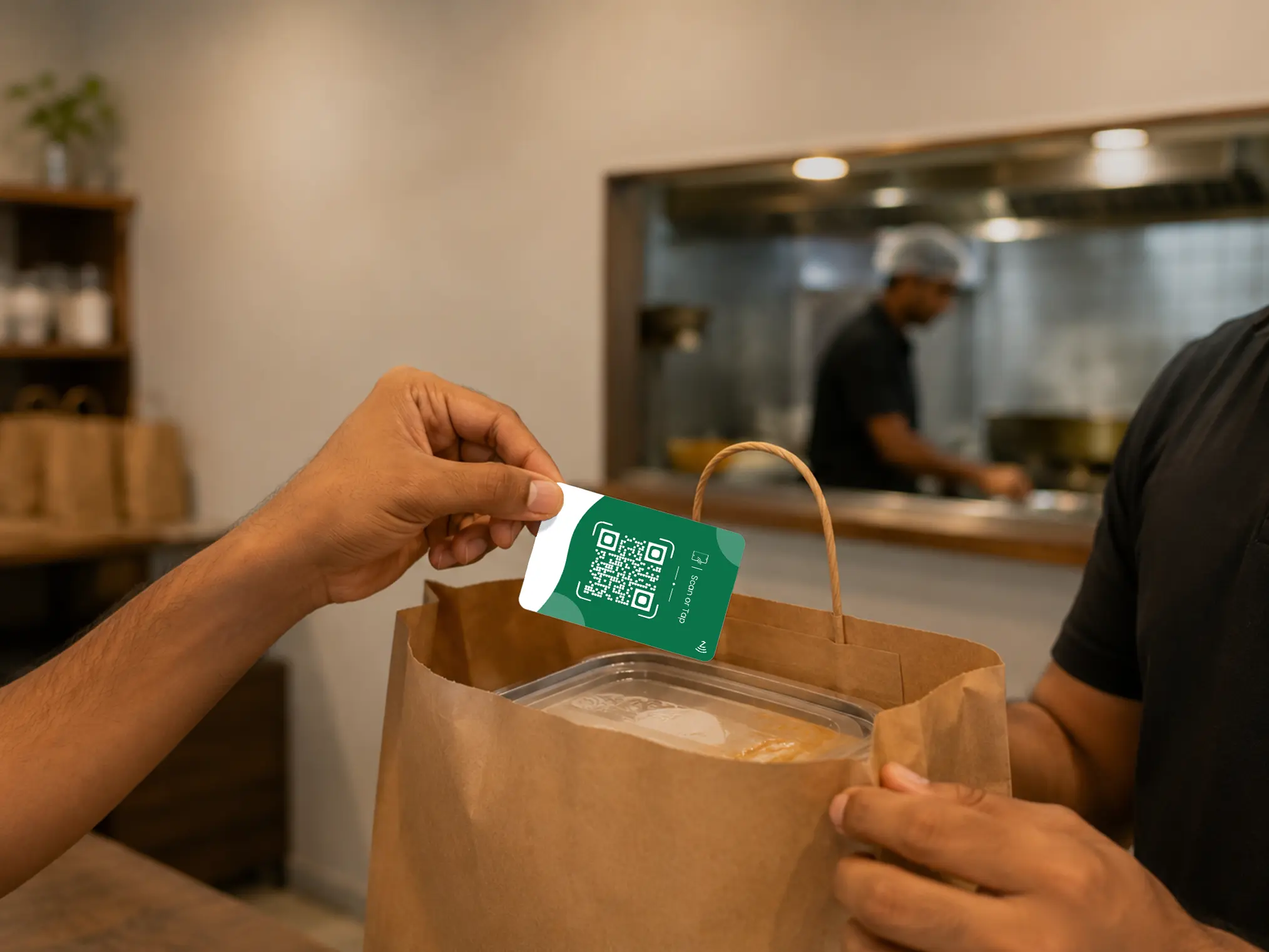 White PVC review card in a takeaway bag (placeholder)