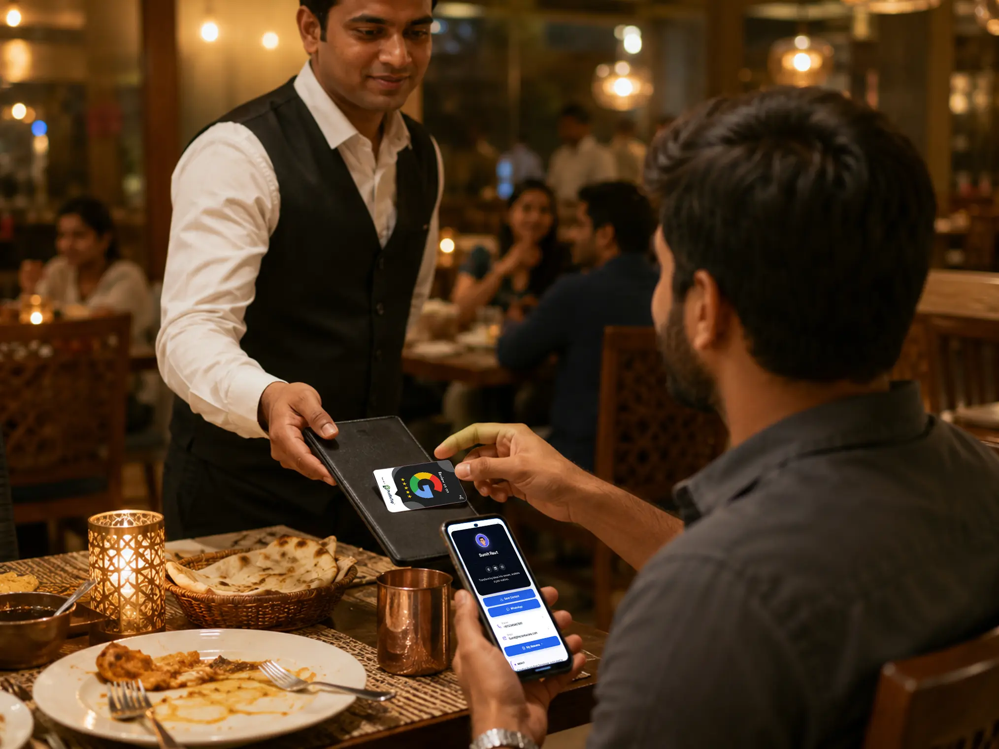 Black PVC review card handed with a restaurant bill (placeholder)