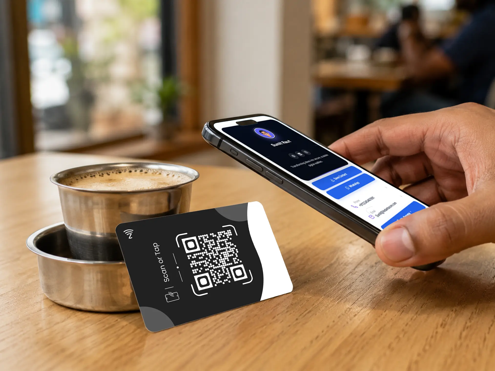 Black PVC review card on a café table (placeholder)