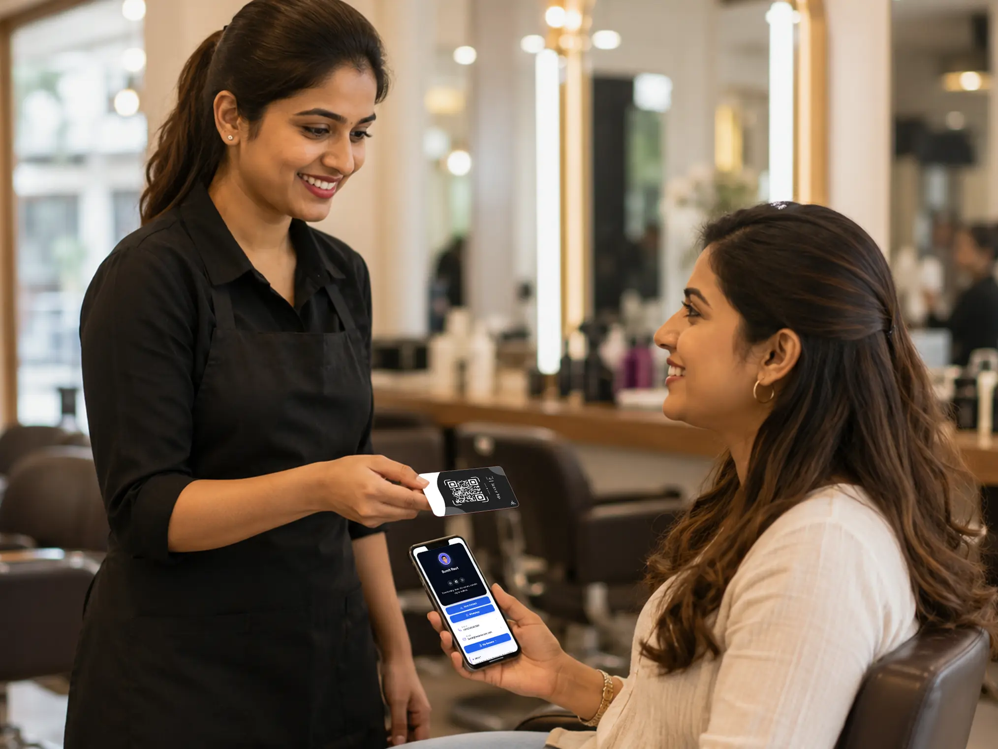 Black PVC review card at a salon chair (placeholder)