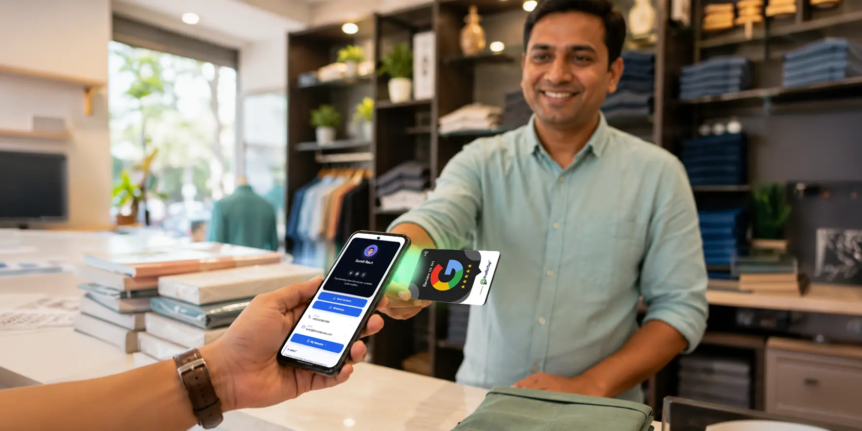 A customer tapping a Black PVC ProfileTap review card to open a Google review page