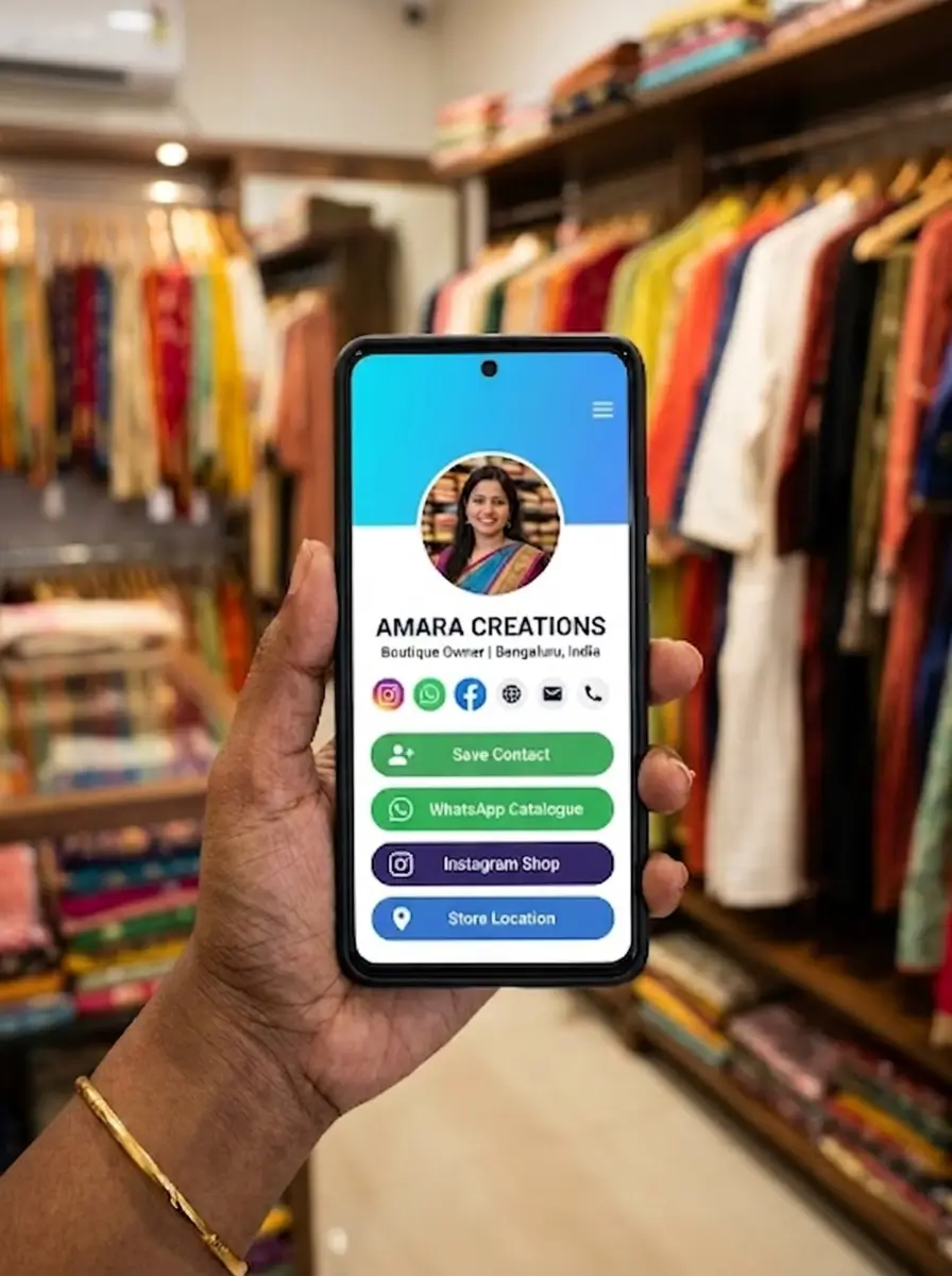 A ProfileTap boutique profile on a phone showing Instagram shop, WhatsApp catalogue and Save Contact.