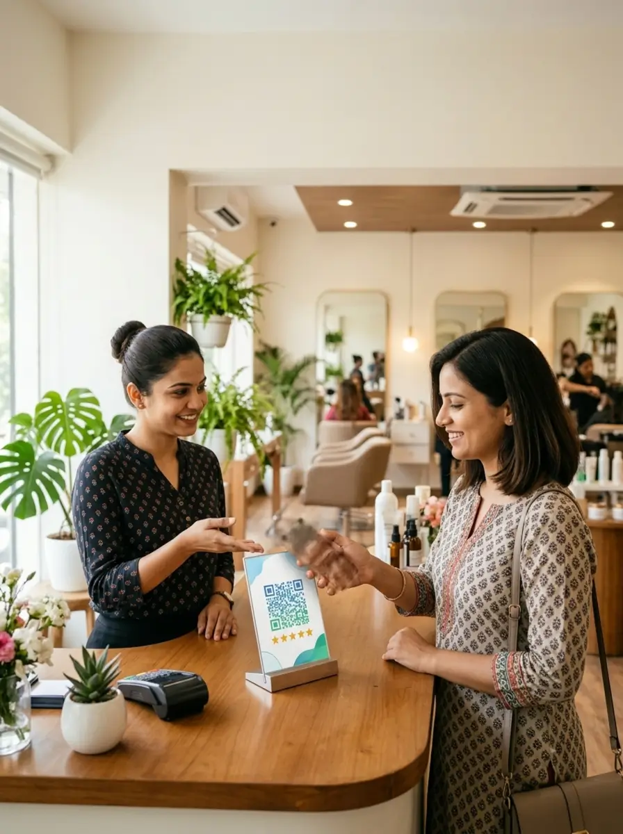 A google review card for spa india reception counter — ProfileTap review hardware