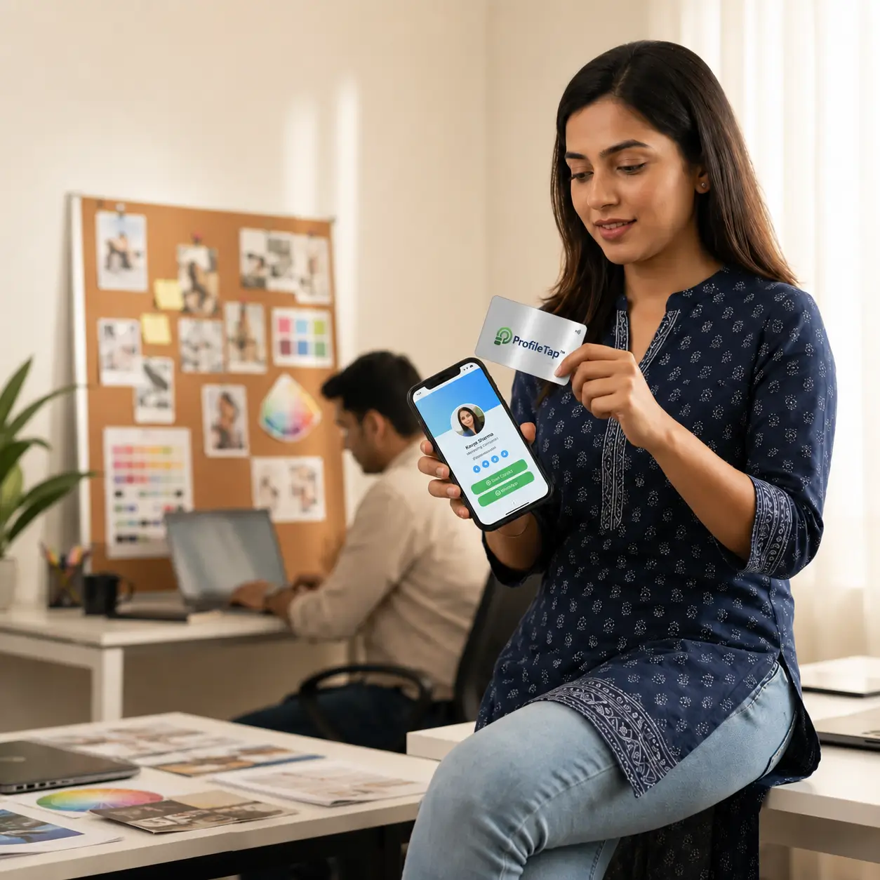 A marketing agency's ProfileTap NFC card being tapped on a phone to open the team profile