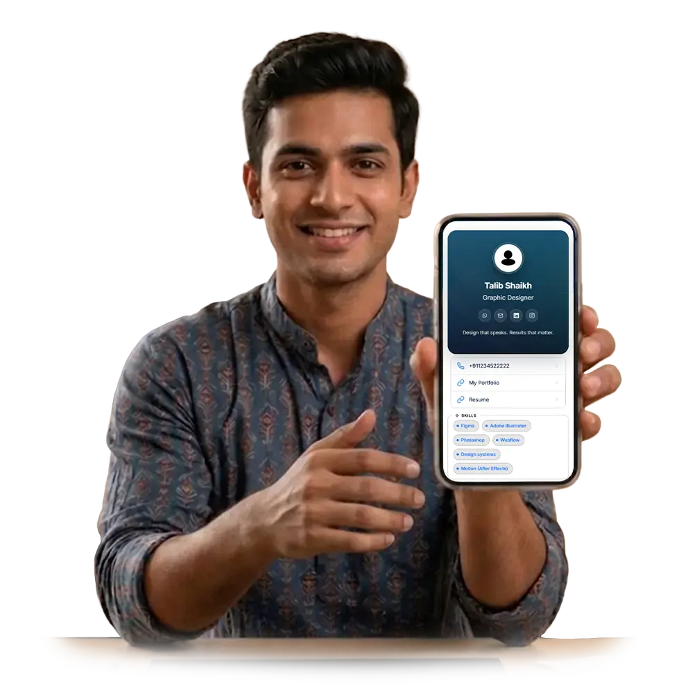A graphic designer sharing a ProfileTap visiting card showing their portfolio