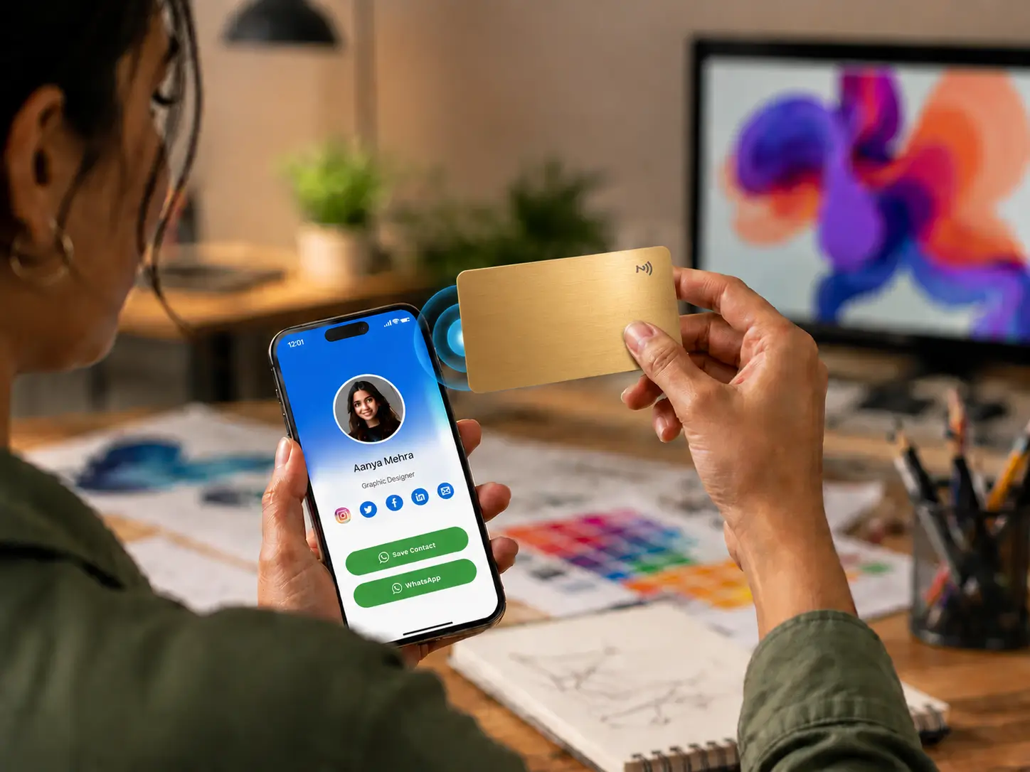 A graphic designer sharing their ProfileTap digital visiting card and portfolio from a phone