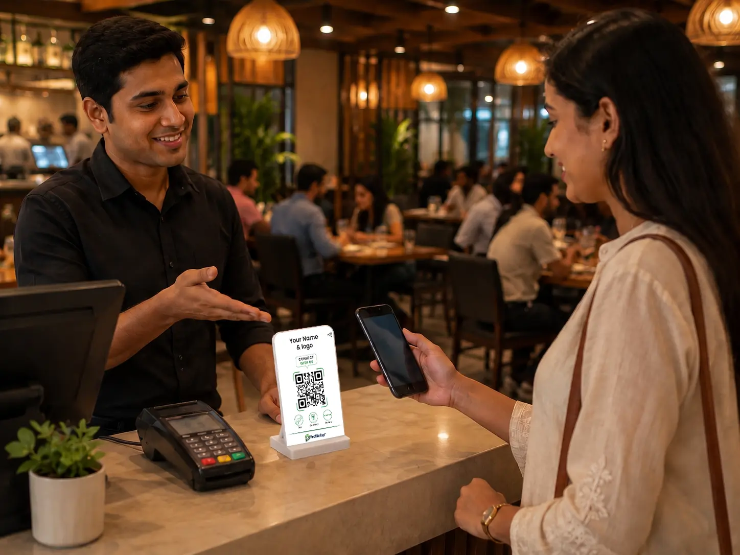 PVC review standee at a restaurant billing counter (placeholder)