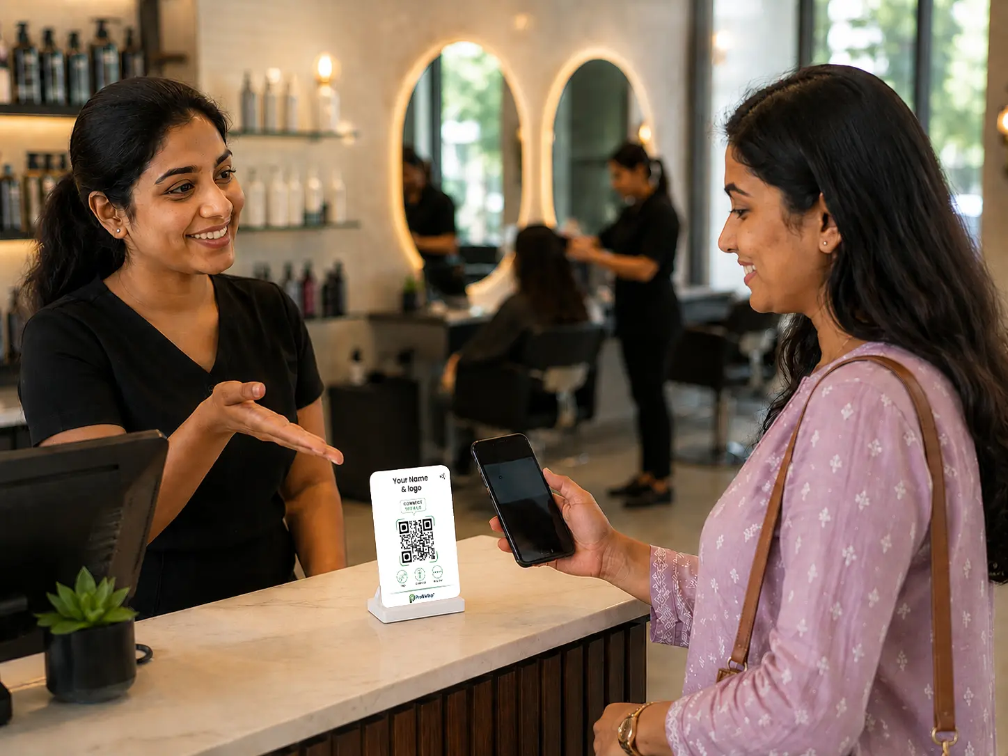 PVC review standee at a salon reception (placeholder)