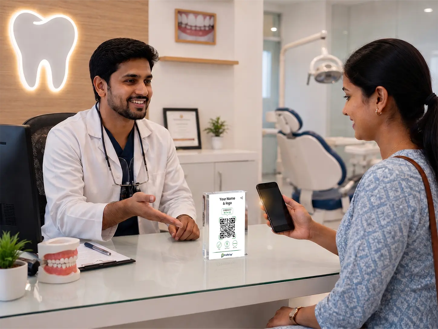 PVC review standee at a clinic reception (placeholder)