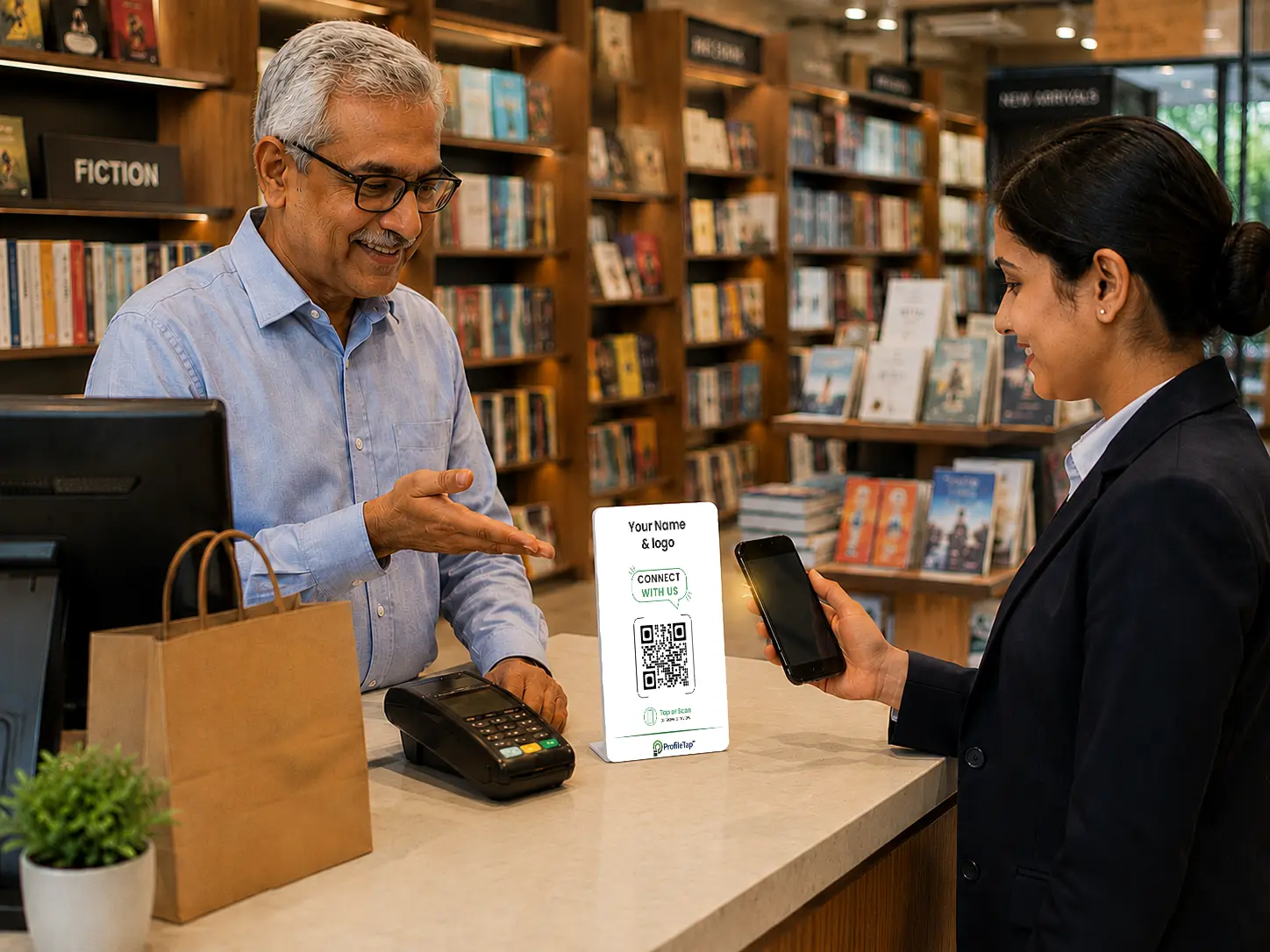 PVC review standee at a retail billing counter (placeholder)