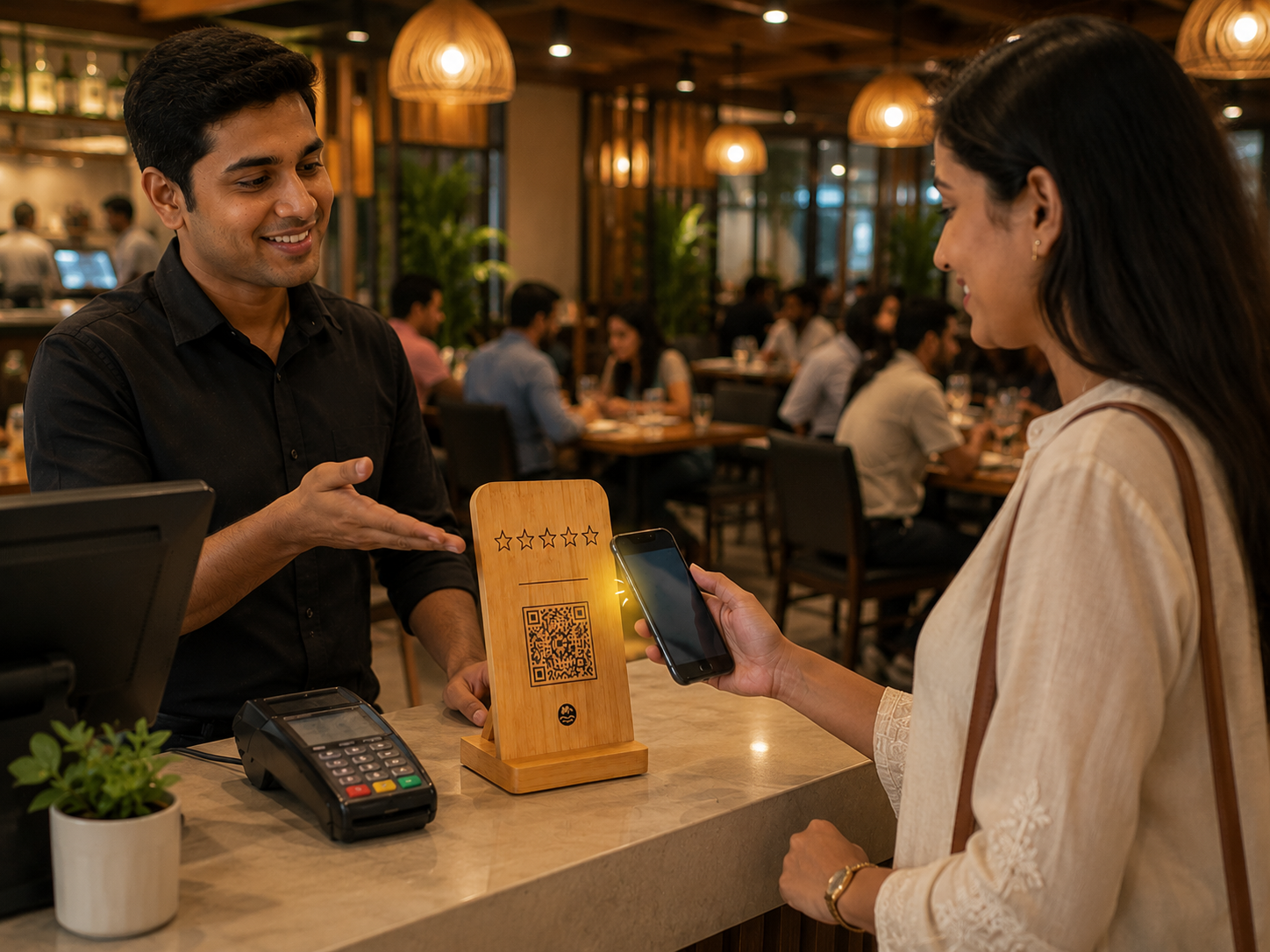 Bamboo review standee at a restaurant billing counter (placeholder)