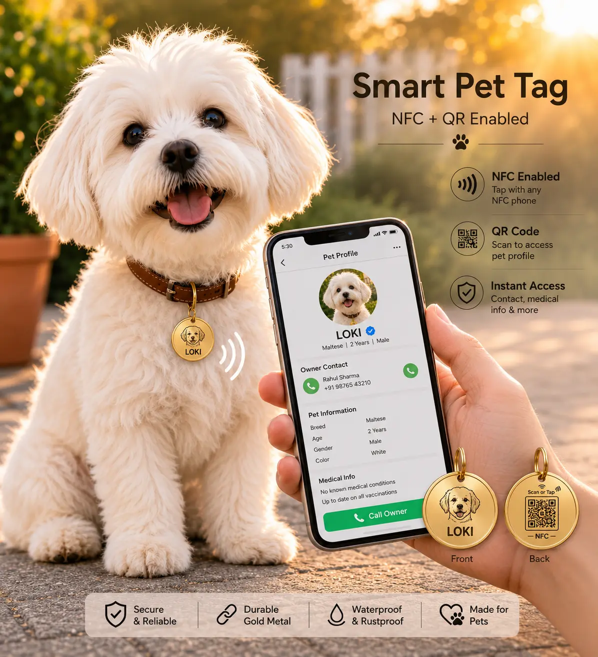 Gold Metal NFC Pet Tag on a dog collar — ProfileTap