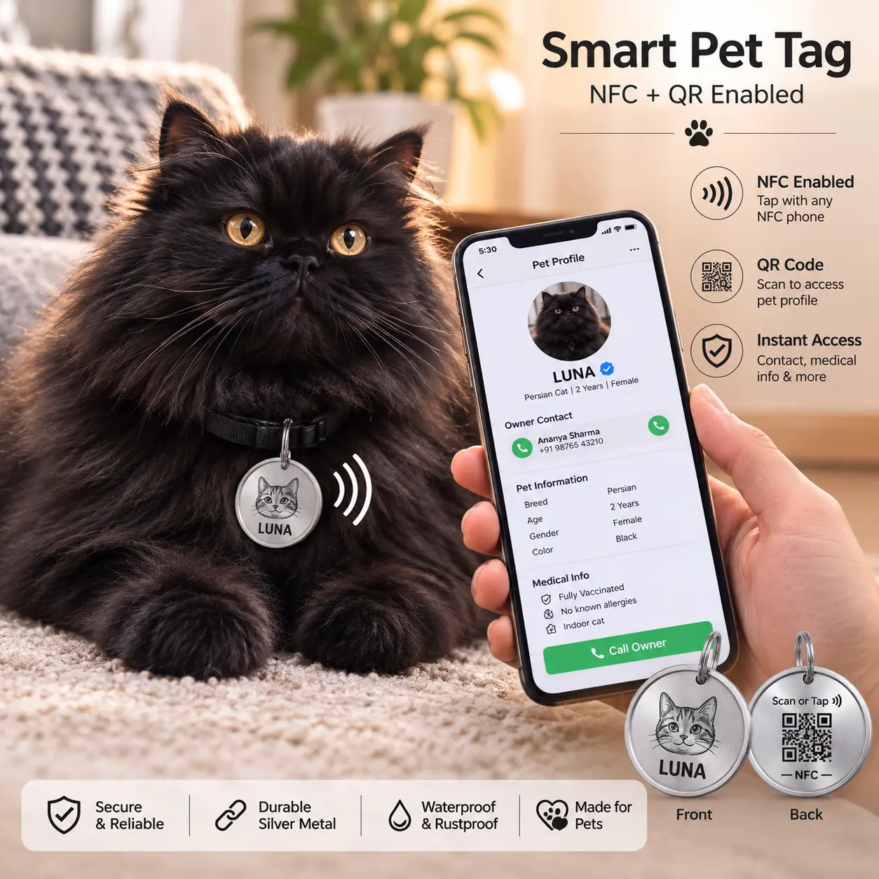 Silver Metal NFC Pet Tag on a dog collar — ProfileTap
