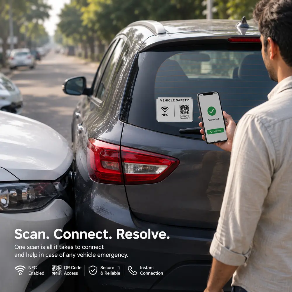 A minor scratch on a car with a ProfileTap QR sticker nearby