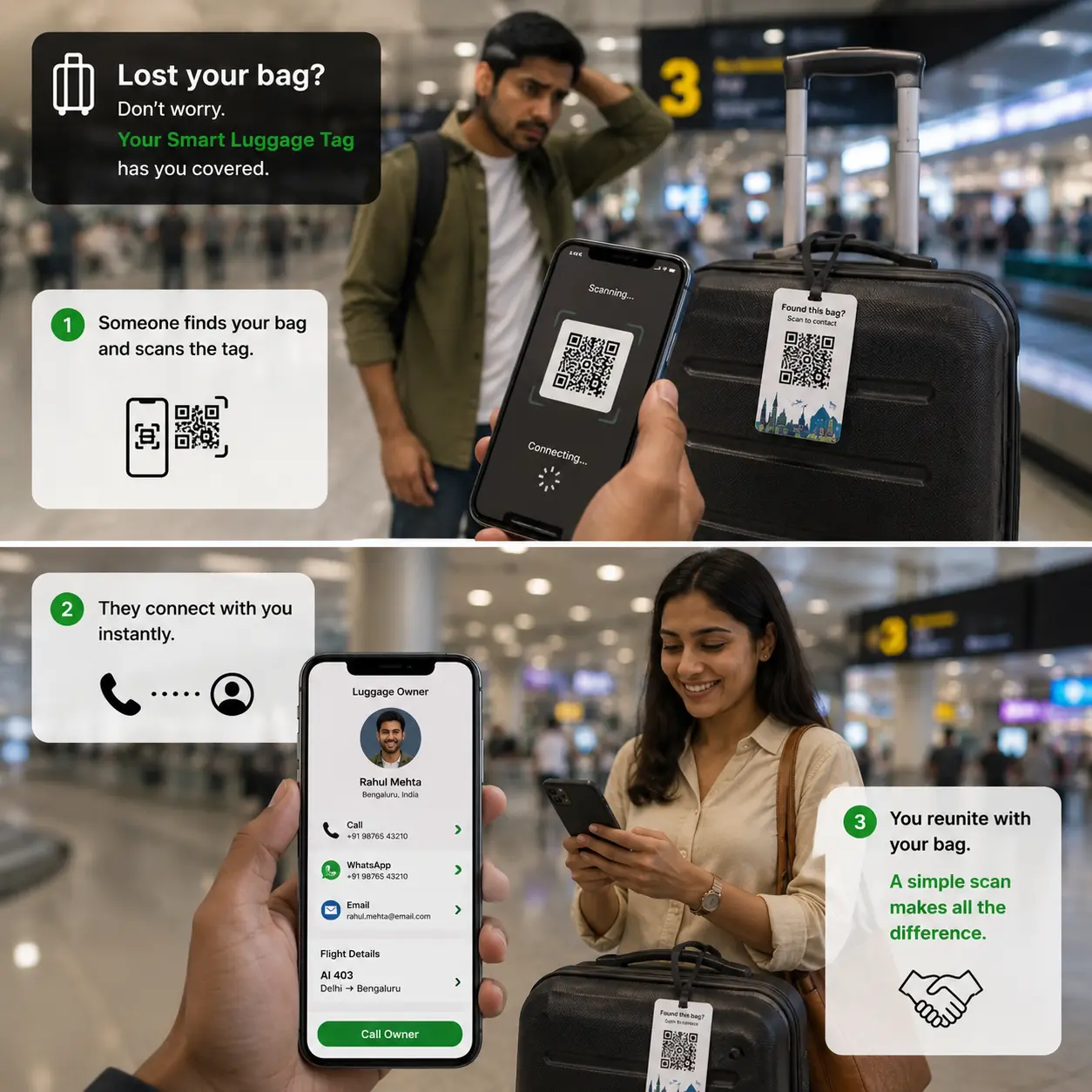 The ProfileTap Smart QR Luggage Tag on a suitcase handle