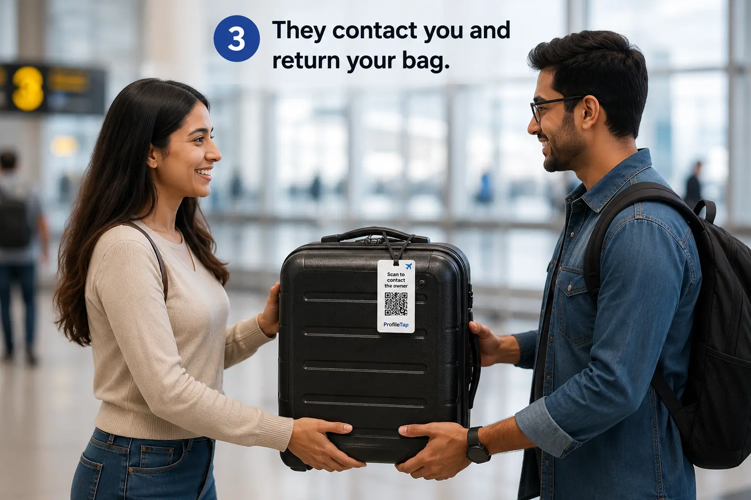 A suitcase with a ProfileTap smart luggage tag at baggage claim