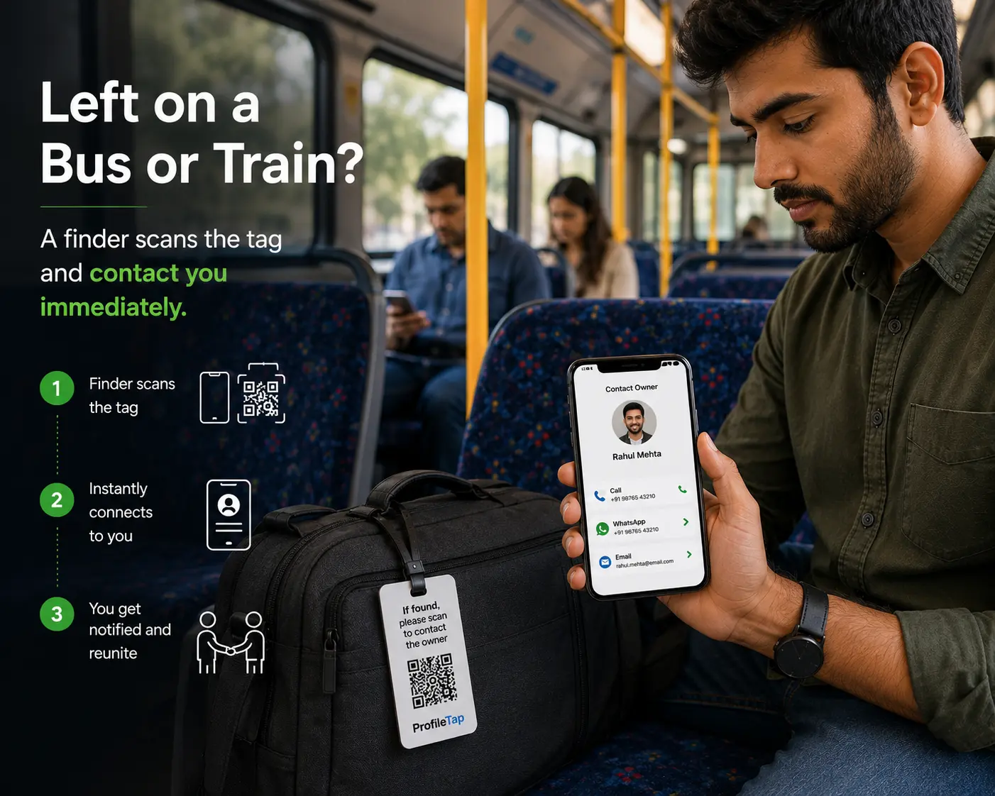 A bag left on a train seat with a ProfileTap smart luggage tag