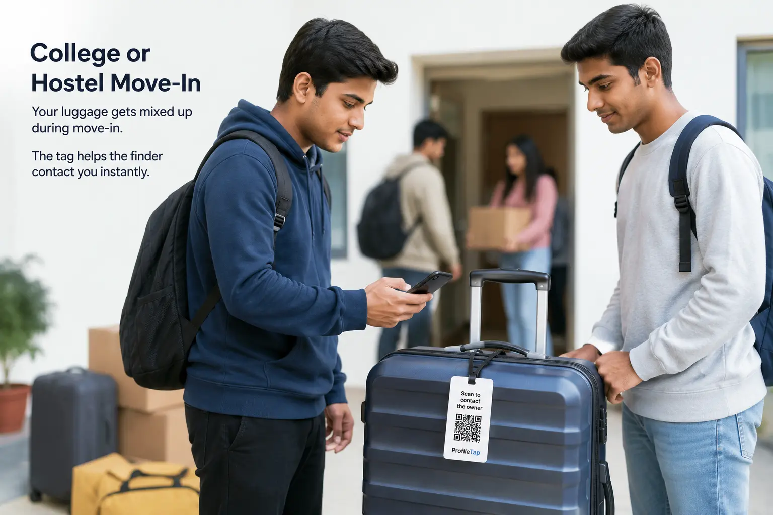 A traveller updating their ProfileTap smart luggage tag profile at an airport