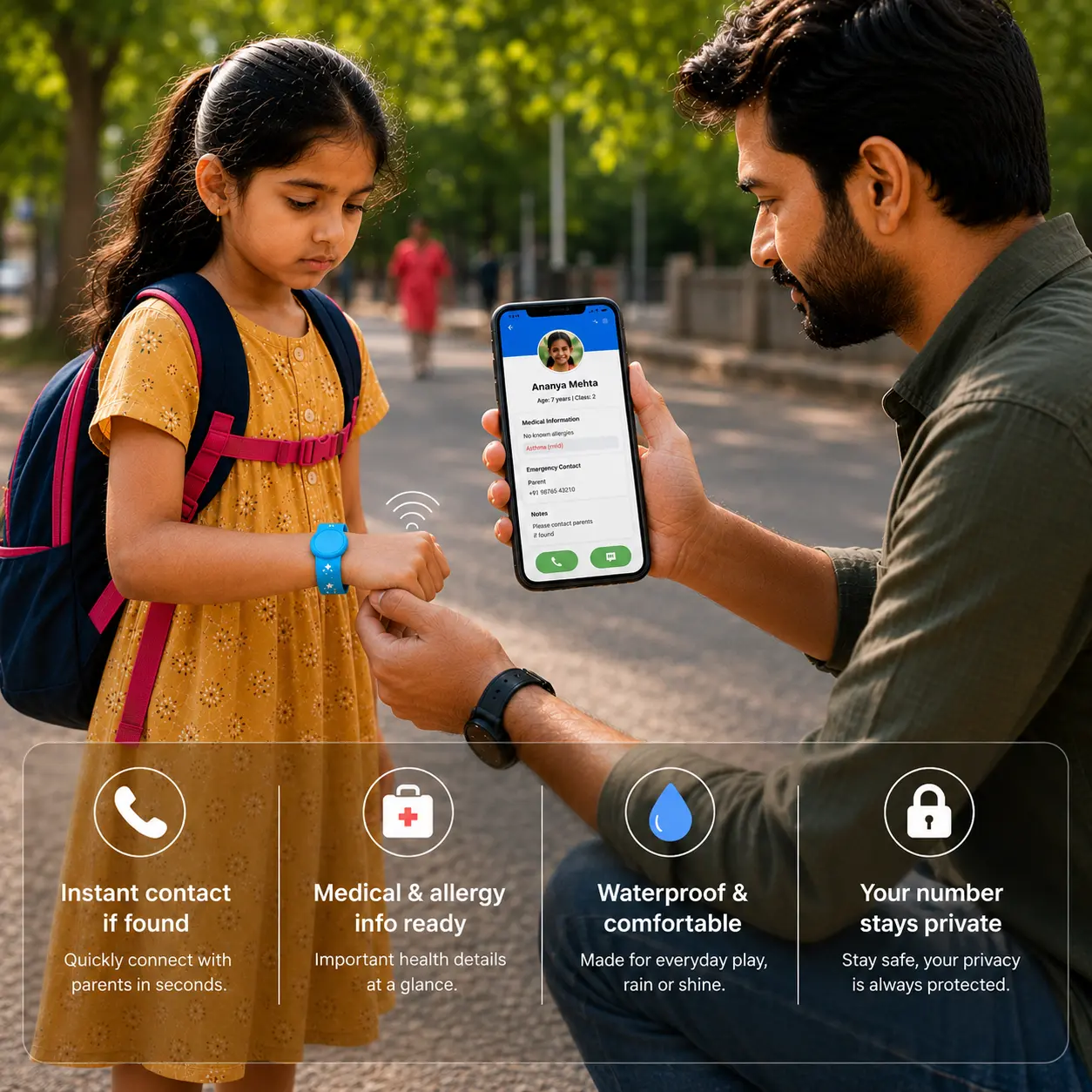 A parent putting a ProfileTap kids NFC wristband on a child before a day out