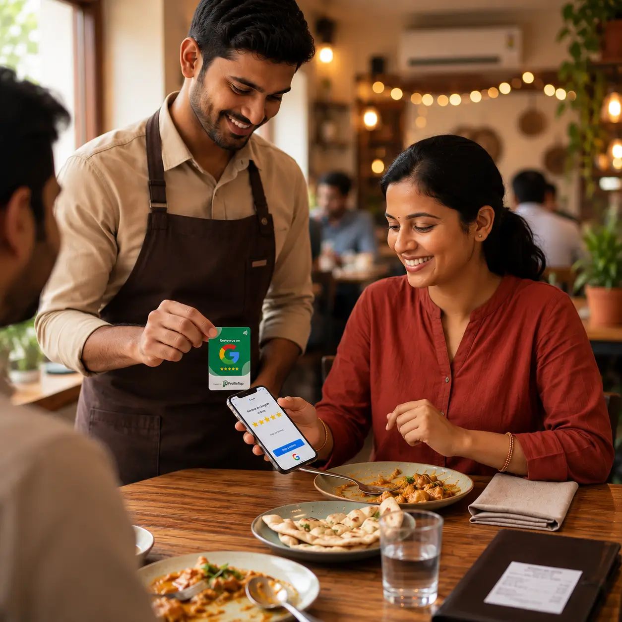A diner tapping a review card at a restaurant table in India to open a Google review page