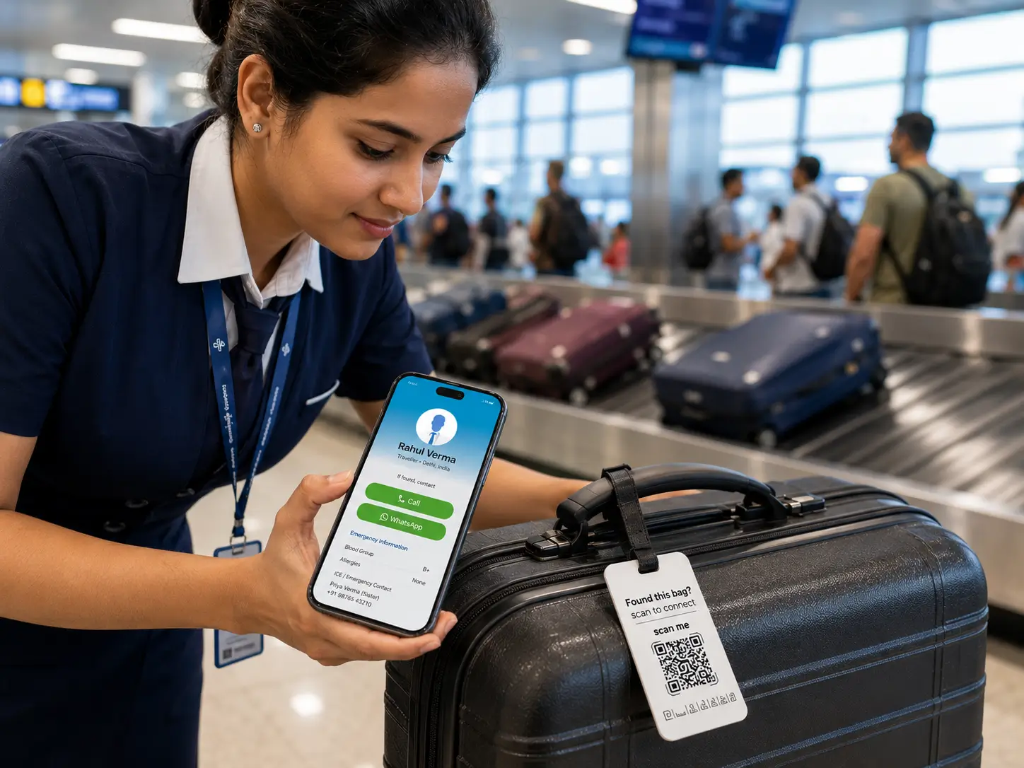 Airline staff scanning a ProfileTap luggage tag at baggage claim