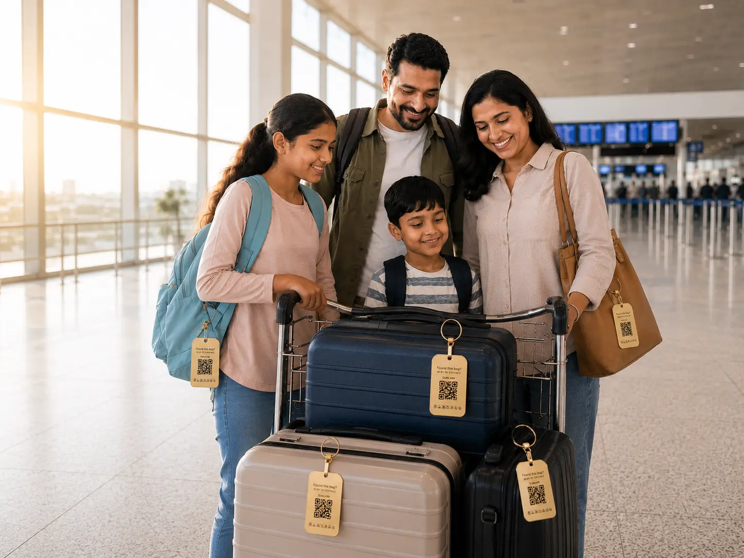 A family with ProfileTap luggage tags at an airport