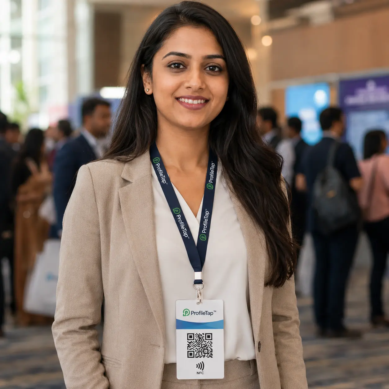 A ProfileTap NFC event badge worn on a lanyard at a conference in India.
