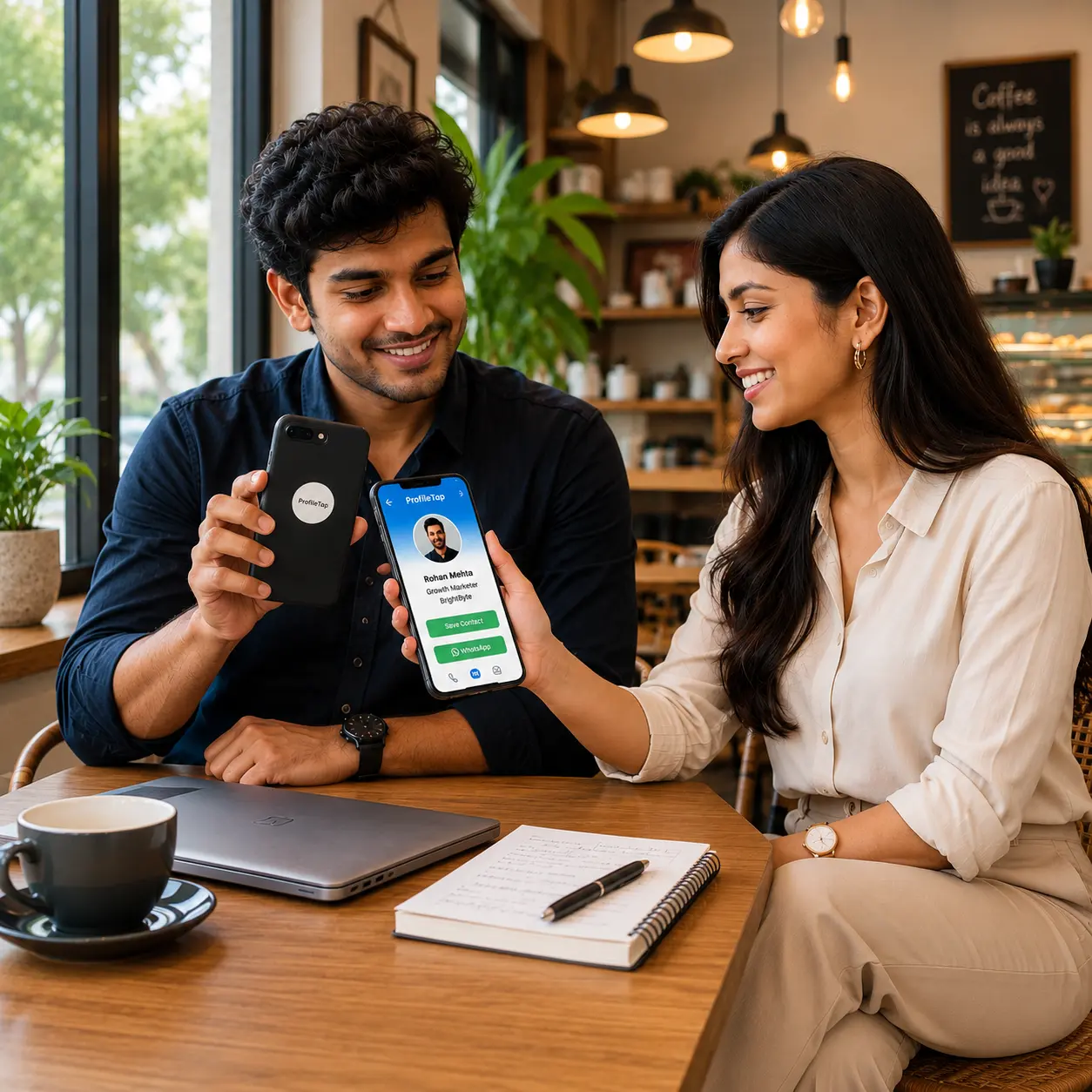 A ProfileTap NFC tap sticker on the back of a phone being tapped by another phone to open a live profile