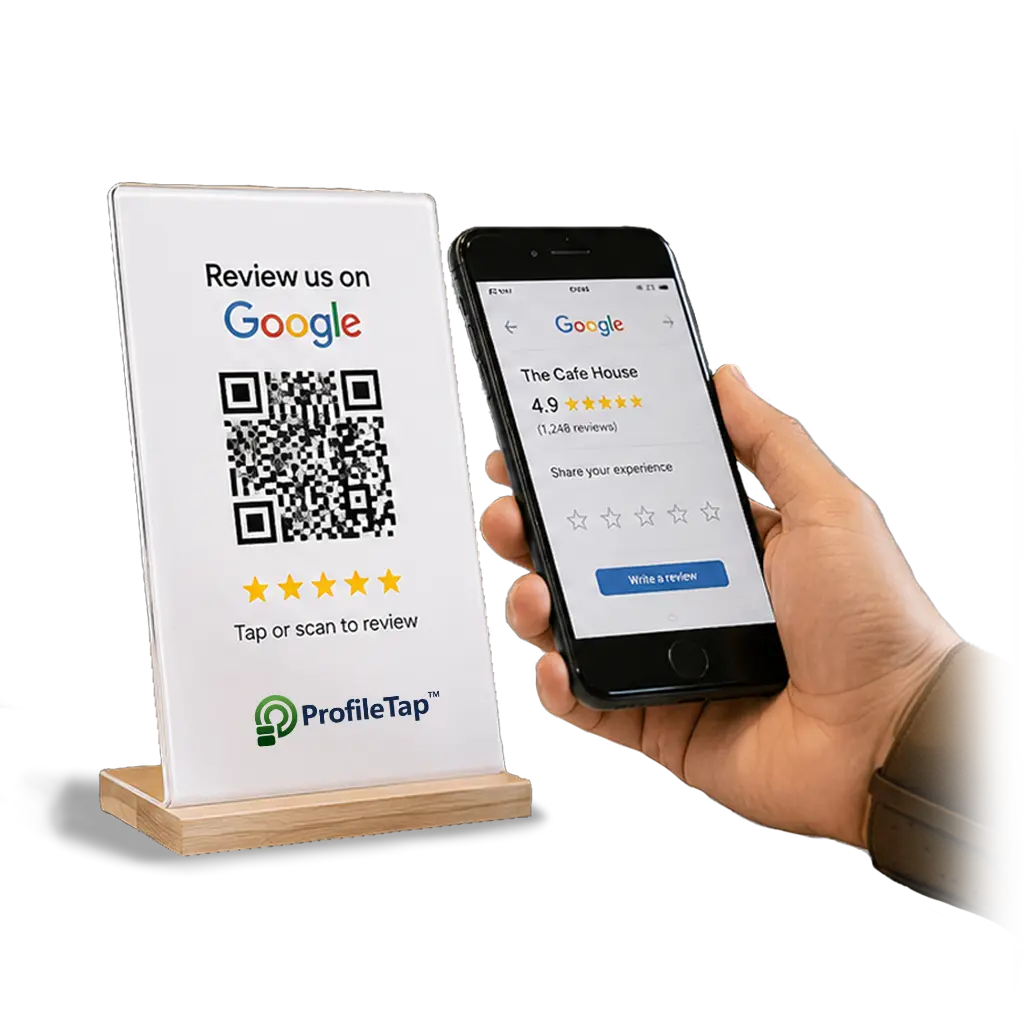 A Google review QR code standee on a shop counter in India as a customer taps to leave a review