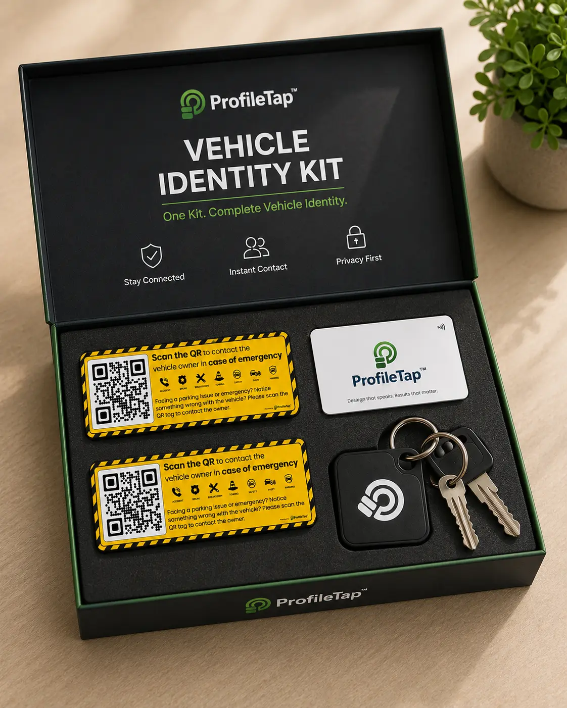 The ProfileTap Vehicle Identity Kit — two QR stickers, NFC keychain and PVC driver card