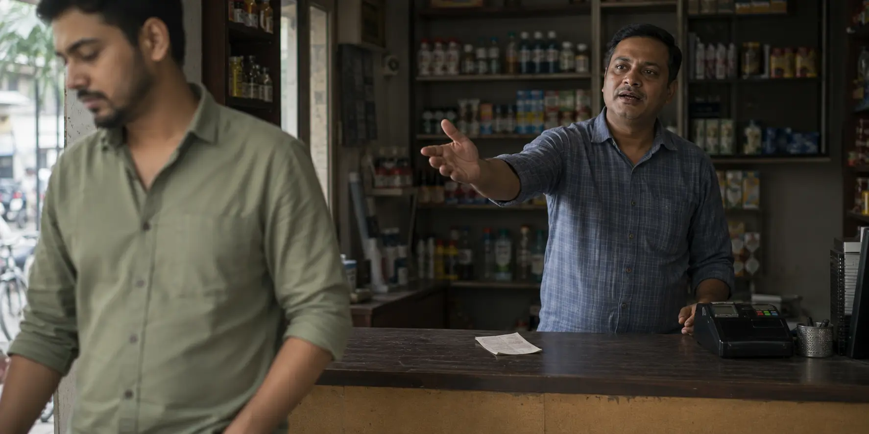 A shopkeeper verbally asking a customer to leave a Google review — easy to forget